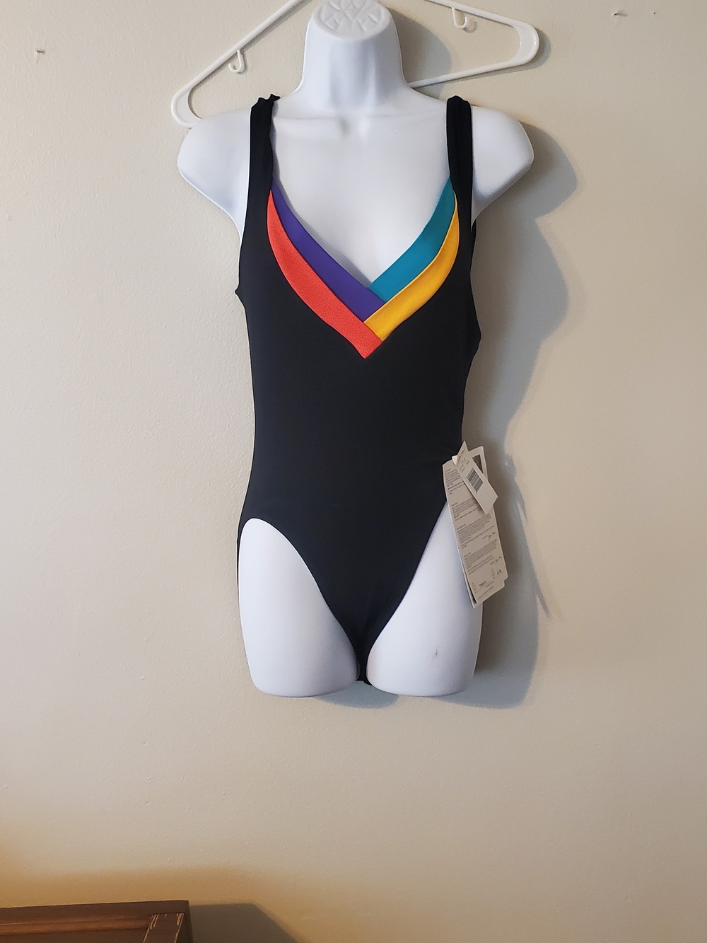 Gilda Marx Black One-Piece Swimsuit with Teal, Purple, Yellow and Red V-Trim